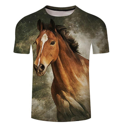 Men's 3d Horse Printed T-shirt Riding Crew Neck Short Sleeve Streetwear Hip Hop Trend