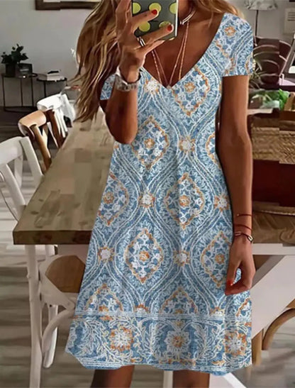 Women's Flower Plain Printed V-neck Casual Dress