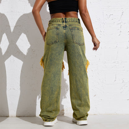 Shascullfites Melody Yellow Wash Streetwear Split Loose Straight Jeans Y2K Ripped Retro Women Denim Pants