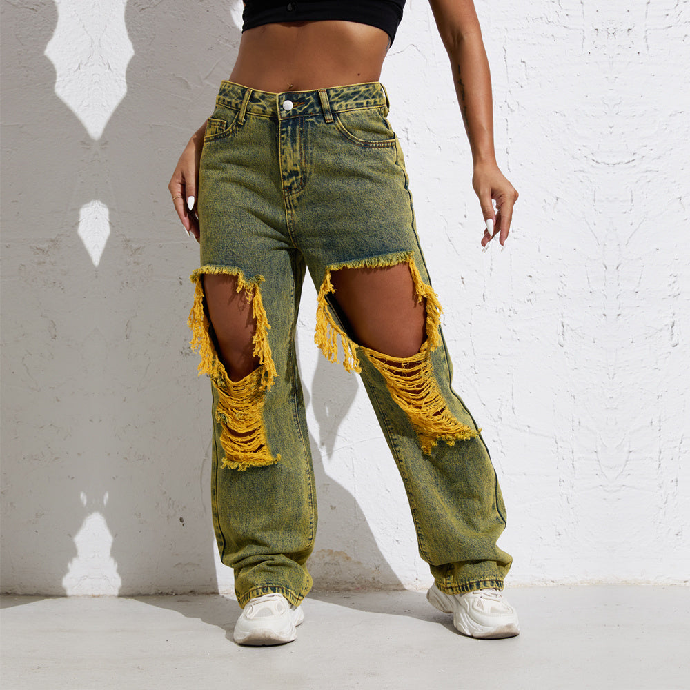 Shascullfites Melody Yellow Wash Streetwear Split Loose Straight Jeans Y2K Ripped Retro Women Denim Pants