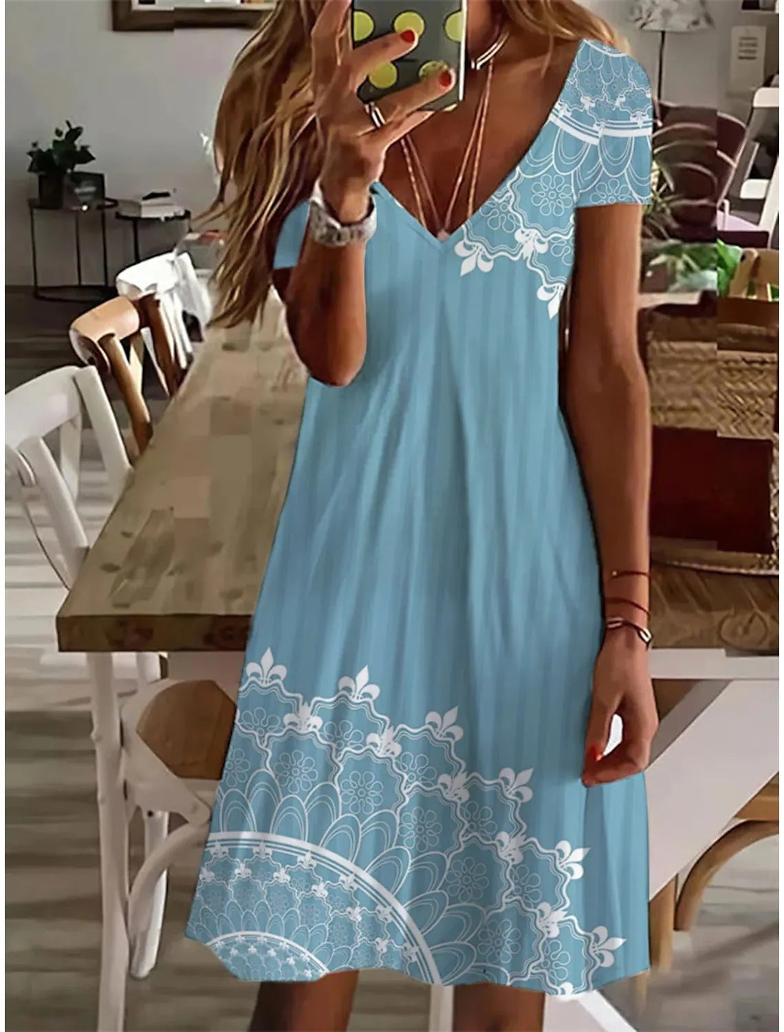 Women's Flower Plain Printed V-neck Casual Dress