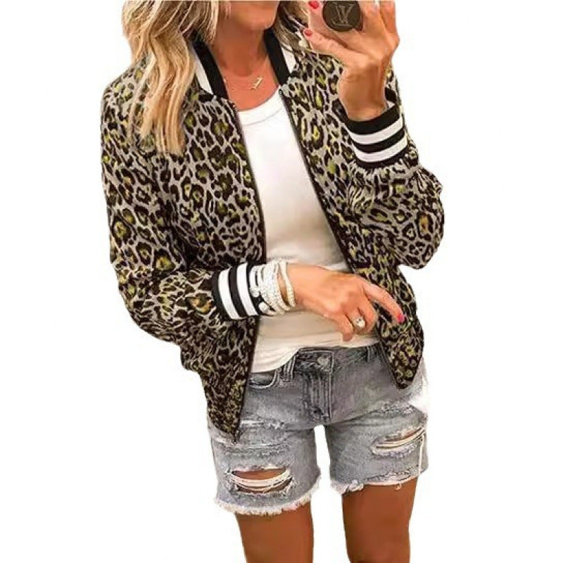 Women's Zipper Casual Leopard Print Stand Collar Short Jacket