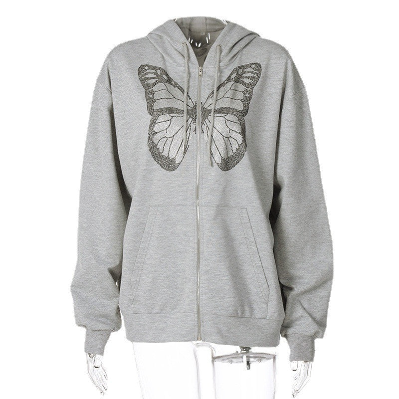 Butterfly Pattern Rhinestone Zipper Streetwear