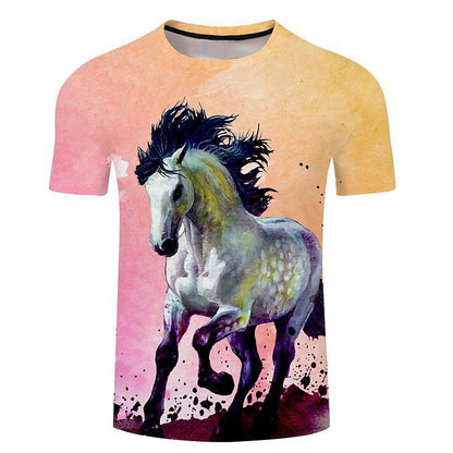 Men's 3d Horse Printed T-shirt Riding Crew Neck Short Sleeve Streetwear Hip Hop Trend